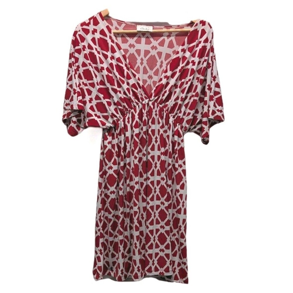 Geometric Print Beach Red & White V Neck Wide Sleeve‎ Mini Dress Resort Lounge